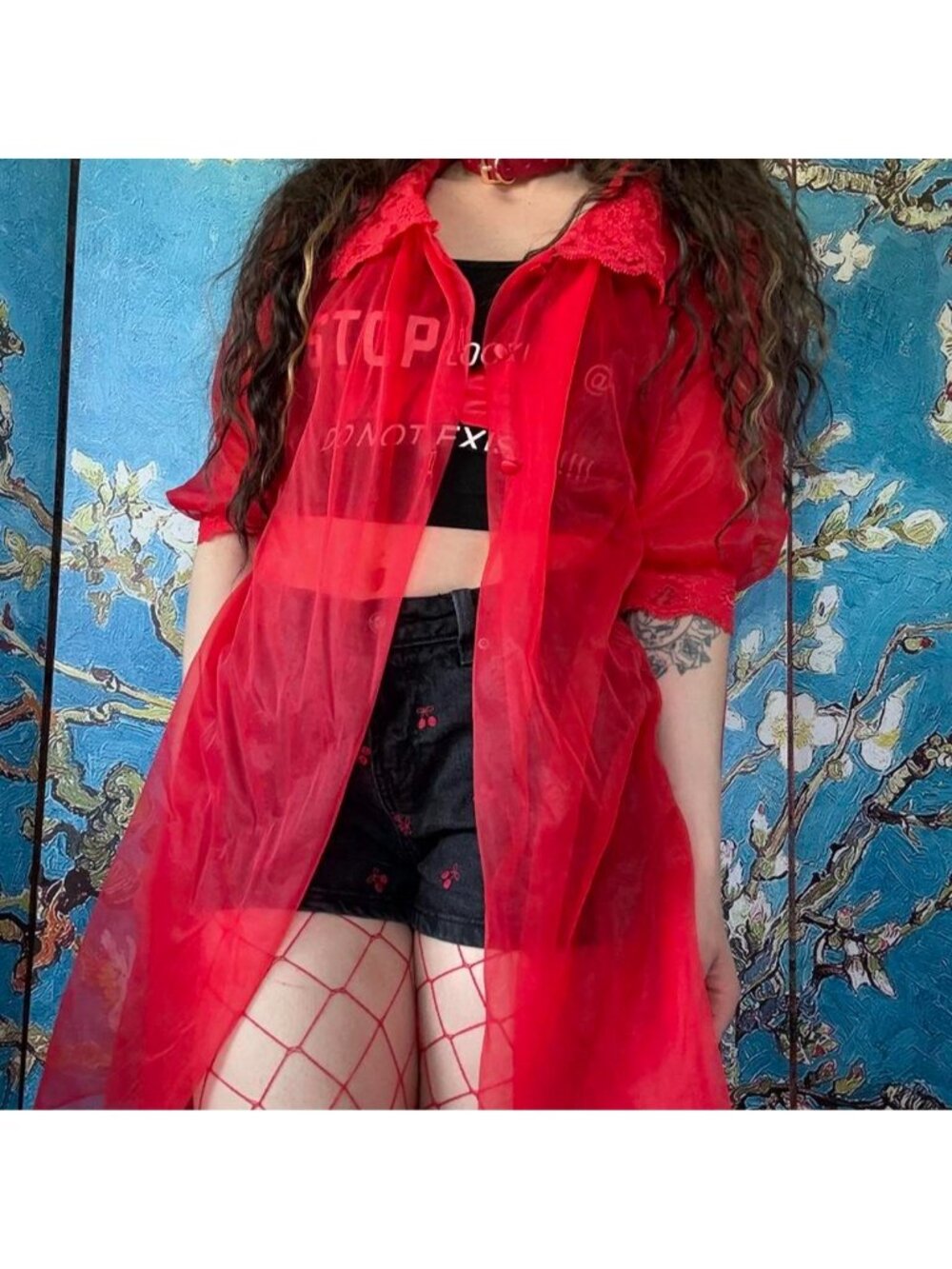 Vintage Red Sheer Buttoned Dress / Overcoat with lace Peter Pan collar